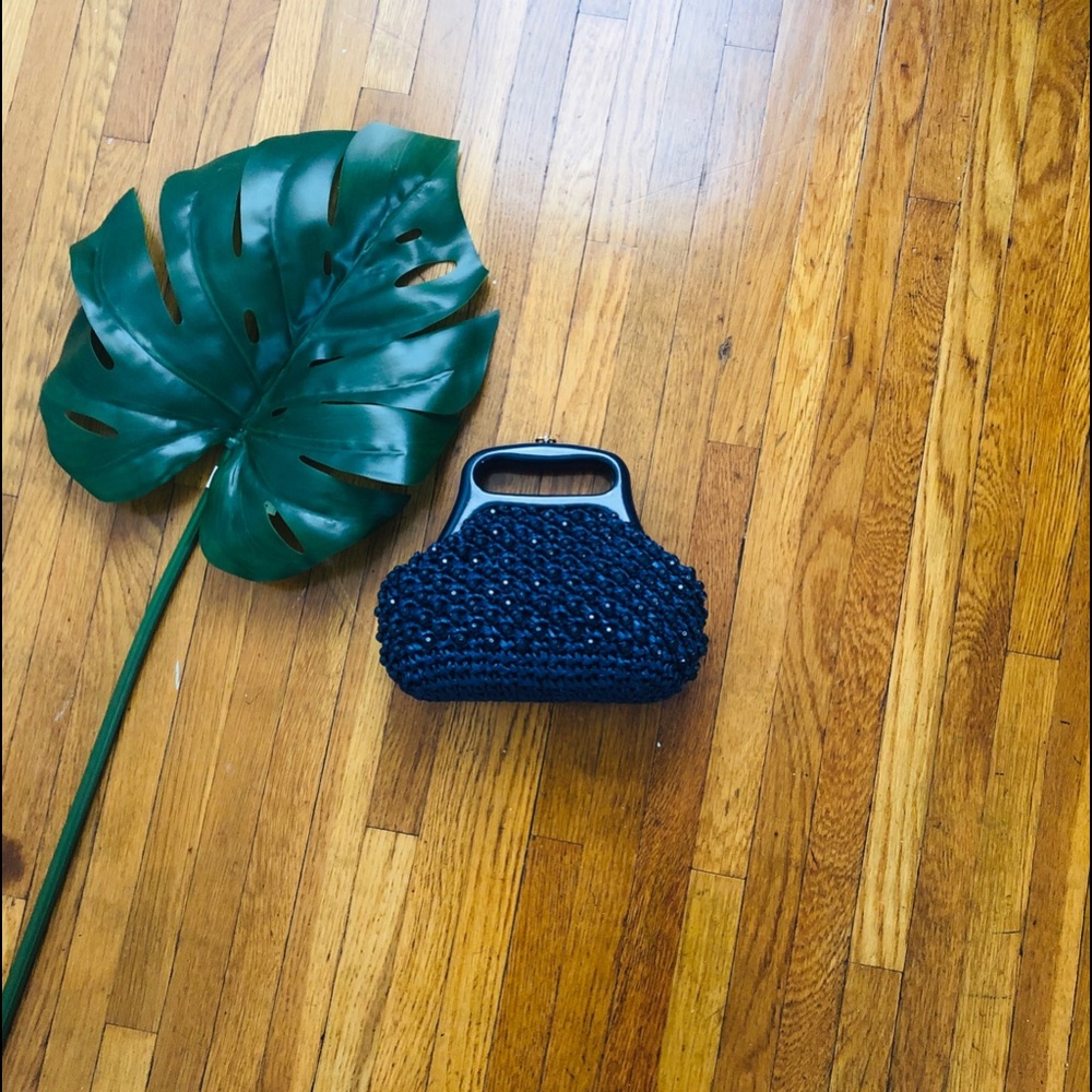 Navy Blue Beaded Evening Bag With Gold Hardware